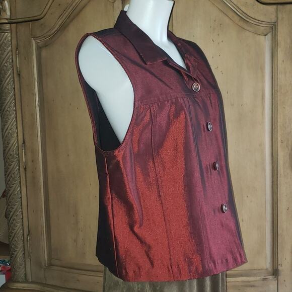 NWOT Women's Deep Red Metallic Button Down Vest - Picture 2 of 7